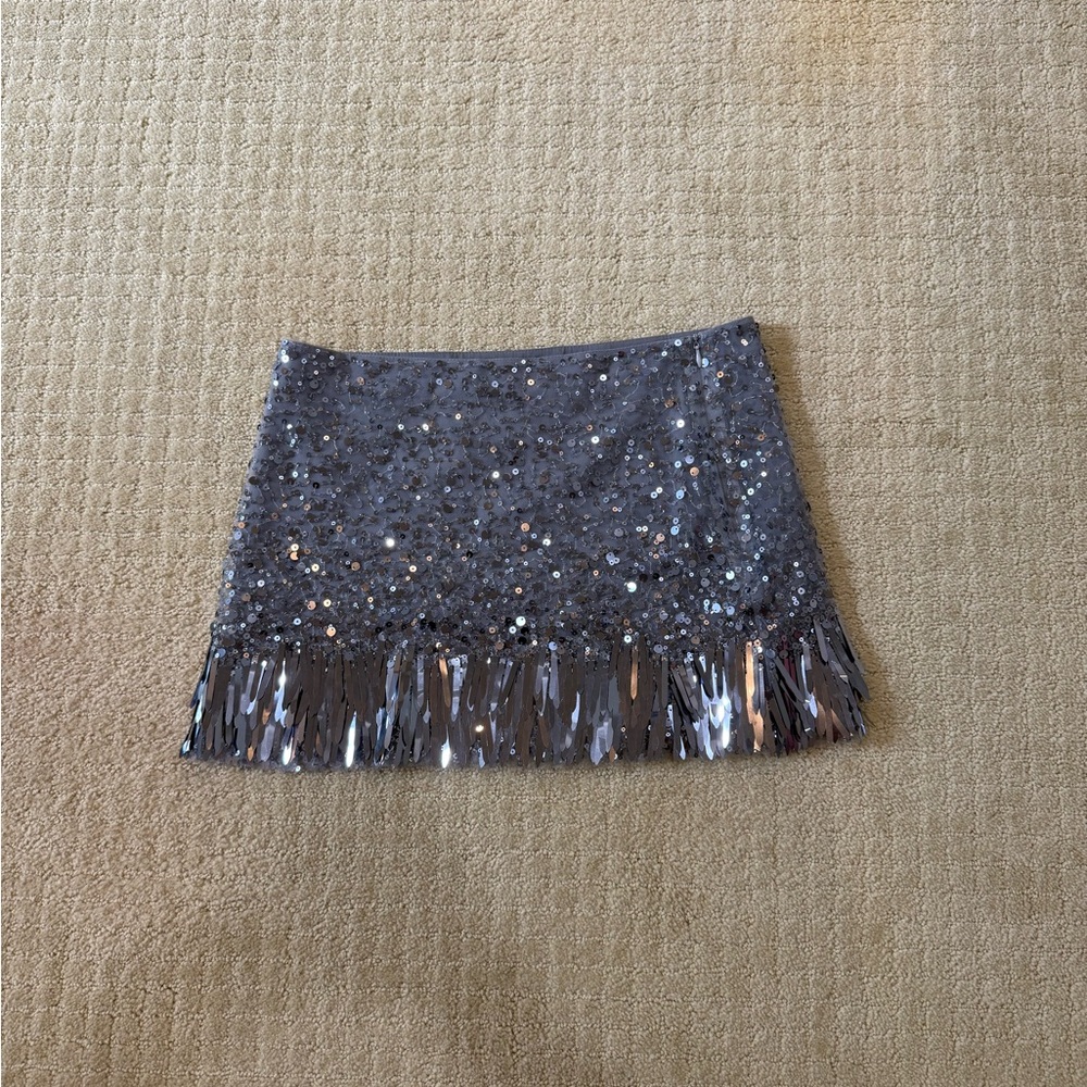 Zara Silver Sequin Mini Skirt with Fringe